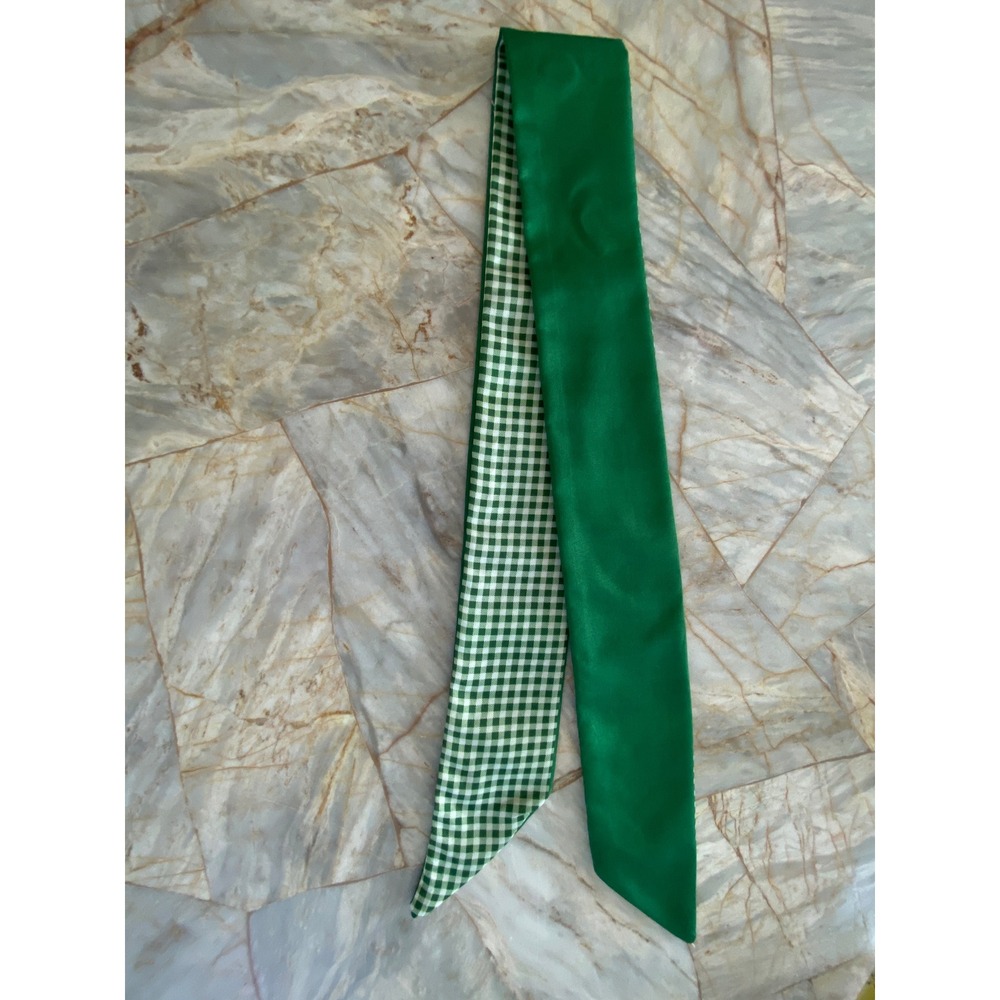 Green White Gingham Reversible Skinny Scarf Emerald Satin Hair Ribbon Necktie - Picture 9 of 9